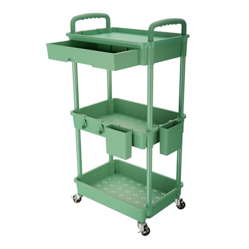REBECAT 3 Tier Rolling Utility Cart with Drawer,Rolling Storage Cart,Storage Cart for Kitchen,Bathroom,Living Room, Organizer with Iron Wheels(Green) - color: Green
