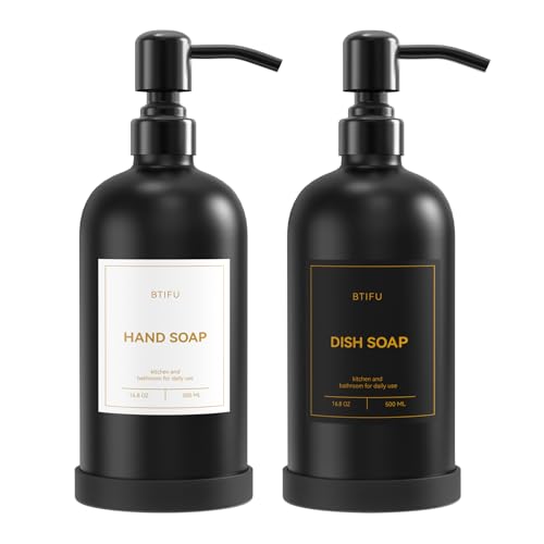 Kitchen Soap Dispenser Set – 16.8oz/500ml Glass Hand and Dish Soap Dispenser with Stainless Steel Pumps & Non-Slip Silicone Base, Luxury Countertop Decor for Home, Airbnb, Vacation Rental (Black) - color: Black & Black