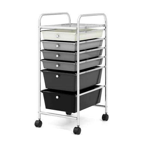 COSTWAY 6-Drawer Rolling Storage Cart, Multifunctional Art Craft Tools Organizer on Wheels, Heavy Duty Utility Mobile Storage Trolley w/ 2 Lockable Wheels for Home Office School, Mixed Black - color: Mixed Black, size: 6 Drawer