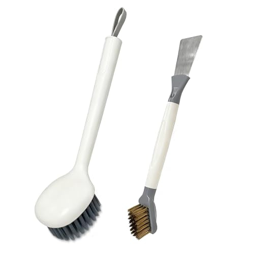 2-Piece Set Handheld Dish Brush with Brass Scrubber and Steel Scraper for Stubborn Grease - Dual-Head Cleaner for Pots, Pans, Stovetop, Sink