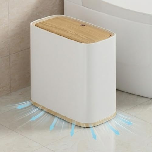 Bathroom Trash Can, 2.1 Gallon Small Slim Garbage Can with Lid and Wheels, Air-Press Bag Expander & Inner Bucket, White Plastic Waste Basket Dog Proof for Kitchen, Office, Bedroom, Garbage Trash Bin - color: White and Wood Grain, size: 8L/2.1Gal