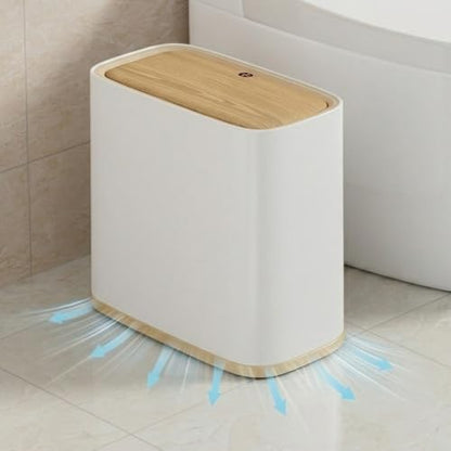 Bathroom Trash Can, 2.1 Gallon Small Slim Garbage Can with Lid and Wheels, Air-Press Bag Expander & Inner Bucket, White Plastic Waste Basket Dog Proof for Kitchen, Office, Bedroom, Garbage Trash Bin - color: White and Wood Grain, size: 8L/2.1Gal
