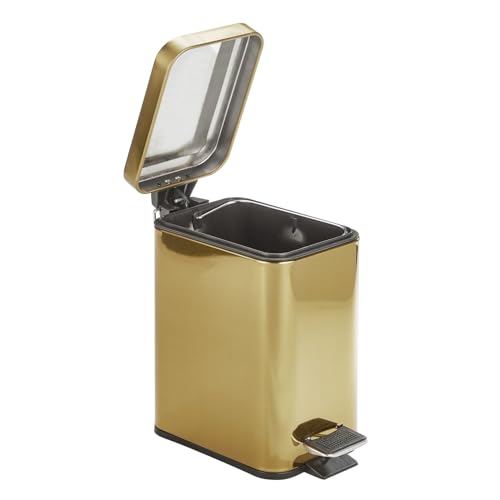 mDesign Slim Metal Rectangle 0.8 Gallon Trash Can with Step Pedal, Easy-Close Lid, Removable Liner - Narrow Wastebasket Garbage Container Bin for Bathroom, Bedroom, Kitchen, Office - Soft Brass - color: Soft Brass, size: .8 Gallon