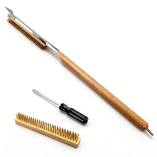 3 Pack 26 Inch Pizza Oven Brush with Scraper and Brass Bristles, Outdoor BBQ Grill Cleaning Brush Copper Wire Pizza Stone with 1 Brush Heads and 1 Screwdriver for Picnic Camping