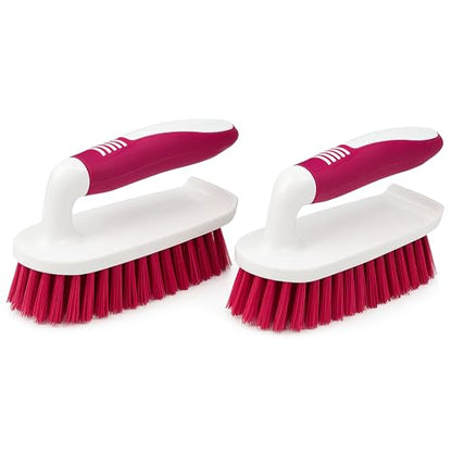 2-Pack Scrub Brushes with Rubber Grip – Heavy-Duty Bristles for Bathroom, Tile, Grout, Shower, Sink & Floor Cleaning – Dependable Industries - color: White-pink
