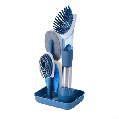 FABULETTA Kitchen Cleaning Brush with Soap Dispenser, Long Handle Dish Scrubber for Pots Pans, Automatic Detergent Dispensing Scouring Pad, Stainless Steel Sponge Brush for Sink(Blue)