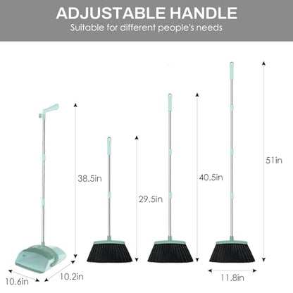 Broom and Dustpan Set for Home, 51-in Long Adjustable Handle Angle Broom and Dustpan Combo Set with Dust Pan Teeth to Clean Hair for Home Kitchen Office Lobby Floor Garden, Green - color: Green Grey