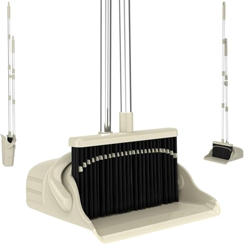Broom and Dustpan Set, 52-Inch Adjustable Long Handle with Self-Cleaning Comb Teeth, Flexible TPR Lip and Foot-Assisted Fold-Up Dustpan for Home, Kitchen, Office and Apartment, Gray Yellow - color: Gray Yellow