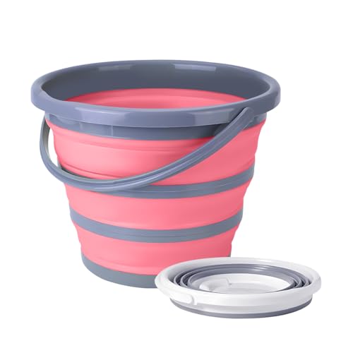 Car Collapsible Bucket, 10L 2.6 Gallon Foldable Portable Vehicle Folding Bucket, Universal Automotive Cleaning Bucket Accessories for Indoor Outdoor Car Washing Garden Camping (Gray/Pink) - color: Gray/Pink
