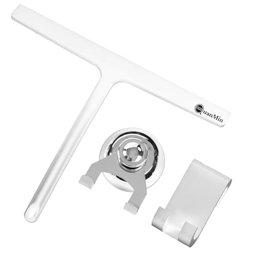 Upgraded 9 Inch Rounded Shower Squeegee with Hook & Suction Cup, Stainless Steel Core Silicone Blade, Streak-Free Wiper for Shower Doors, Windows, Mirrors, Tile & Household Cleaning (White) - size: Square Headed-9 inch（White）