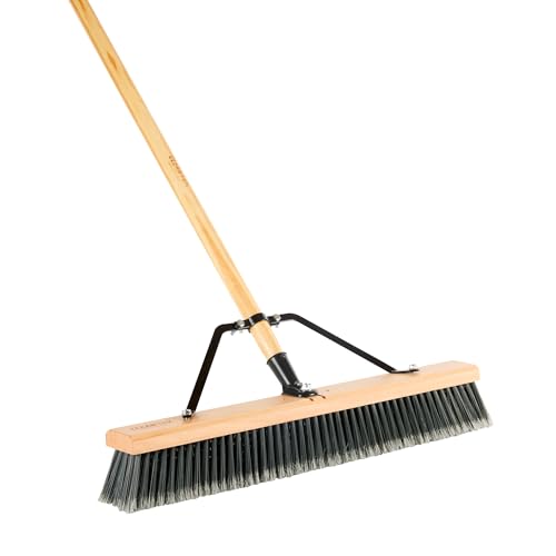 Restaurantware-Clean Tek Professional 24 Inch Push Broom, 1 Heavy-Duty Broom with 60” Handle - Medium Plastic Bristles, Durable, Wooden, Commercial Use, for Deck, Driveway, Garage, Yard, Patio