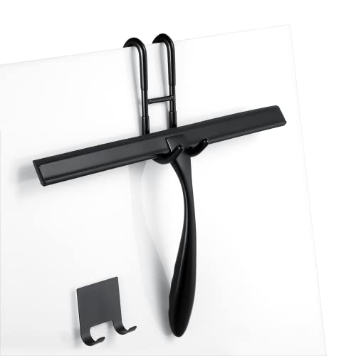 Shower Squeegee for Glass Doors,14-Inch Shower Glass Squeegee, Matte Black Shower Squeegee for Shower Doors,Mirror,Windows, with Shower Door Hook and Adhesive Hook - color: Black, size: 14-Inch