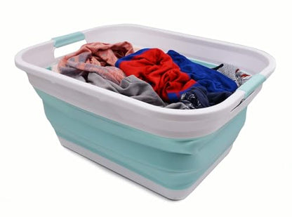 SAMMART 41L (10.8 gallon) Collapsible Plastic Laundry Basket-Foldable Pop Up Storage Container/Organizer-Portable Washing Tub, Water capacity: 32L (8.4 gallon) (Rectangular, White/Lake Green) - color: White/Lake Green