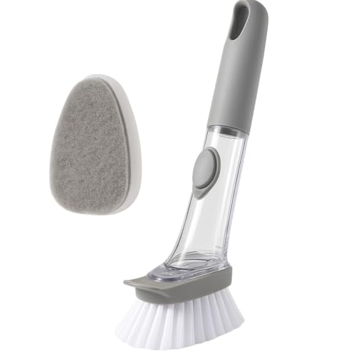 2-in-1 Soap Dispensing Dish Brush with Sponge Head – Easy Grip Kitchen Scrubber for Dishes, Pots, Pans & More – Includes Refill – by Dependable Industries Inc. Essentials