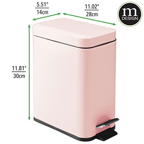 mDesign Small Modern 1.3 Gallon Rectangle Metal Lidded Step Trash Can, Compact Garbage Bin with Removable Liner Bucket and Handle for Bathroom, Kitchen, Craft Room, Office, Garage - Light Pink - color: Light Pink, size: 1.3 Gallon