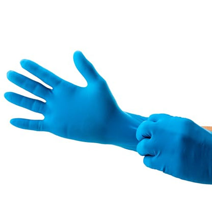 Heavy Duty Thick Latex Gloves, 14mil, Blue, Industrial, Powder Free, 12" Length, Textured, Multi-Purpose, Box of 50 - size: Medium