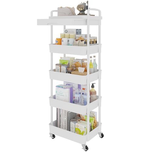 Calmootey 5-Tier Rolling Utility Cart with Drawer,Multifunctional Storage Organizer with Plastic Shelf & Metal Wheels,Storage Cart for Kitchen,Bathroom,Living Room,Office,White - color: White, size: 5-Tier