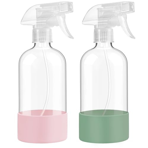 Glass Spray Bottles with Silicone Sleeve Protection, 16 oz Empty Refillable Containers, Reusable Spray Bottles with Adjustable Nozzle for Hair, Cleaning Solutions,Plants , 2 Pack Olive Green&Pink - color: Olive Green&Pink