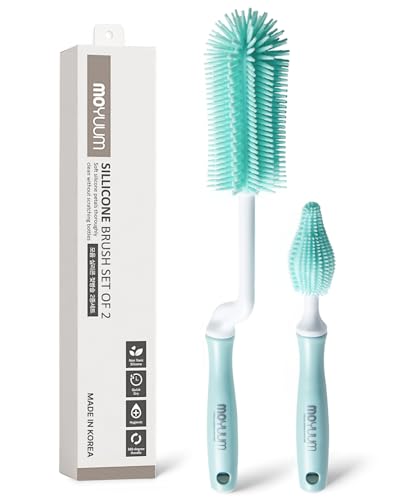 Moyuum Silicone Baby Bottle and Nipple Brush Set | Made in Korea, 360 Degree Rotating Handle, Soft Bristles, Hanging Hole for Quick Drying and Storage, Dishwasher Safe (Mint) - color: Mint