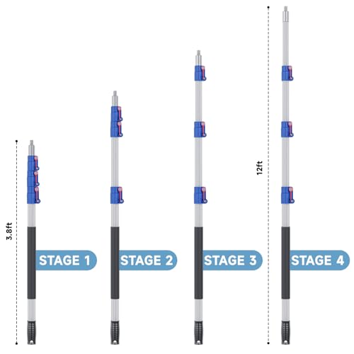 4-12ft Telescoping Durable Duster with Extension Pole – Lightweight Aluminum Cobweb Duster Kit – Extendable to 20ft Reach for Cleaning High Ceilings and Spider Webs