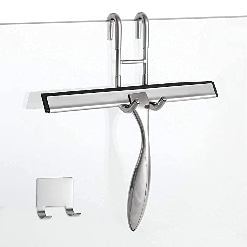 Simtive 10-Inch Shower Squeegee (Includes 1 Shower Door Hook and 1 Adhesive Hook), Shower Door Hooks (2-Pack), Both Silver, 2 Item Bundle