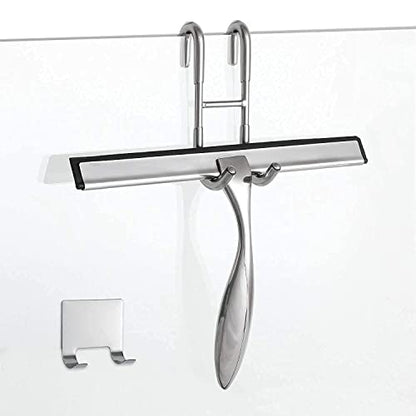 Simtive 10-Inch Shower Squeegee (Includes 1 Shower Door Hook and 1 Adhesive Hook), Shower Door Hooks (2-Pack), Both Silver, 2 Item Bundle