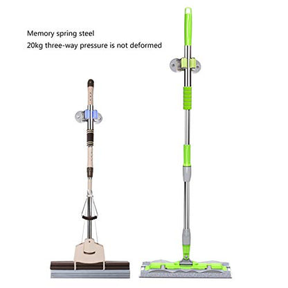 Stainless Steel Mop and Broom Holder, Dual-Purpose Wall Mounted Mop Broom Organizer with 2 Pcs 3M Self Adhesive and Double Screws,Bathroom Kitchen Organizer Rack with Spring Clip Design