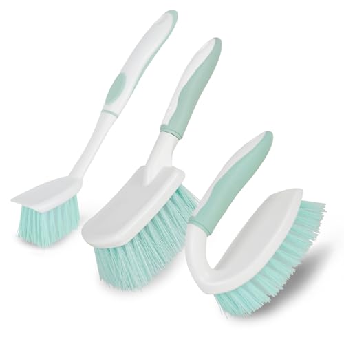 3 Pack Bathroom Scrub Brush Set, Heavy-Duty Scrub Brushes for Cleaning Floor, Green Scrubbing Brush with Non-Slip Handle and Stiff Bristles for Bathtub, Tub, Tile, Gap, Kitchen, Sink