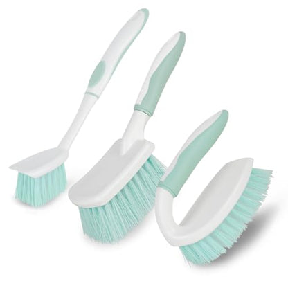 3 Pack Bathroom Scrub Brush Set, Heavy-Duty Scrub Brushes for Cleaning Floor, Green Scrubbing Brush with Non-Slip Handle and Stiff Bristles for Bathtub, Tub, Tile, Gap, Kitchen, Sink