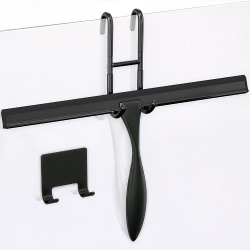 14 Inch Shower Door Squeegee - Black Shower Squeegee for Streak-Free Bathroom Glass - Stainless Steel Cleaner with Silicone Blade, Adhesive & Hanging Hooks for Mirror, Tile, Window, Car, Everyday Use - color: Black, size: 14 Inch