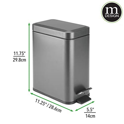 mDesign Small Modern 1.3 Gallon Rectangle Metal Lidded Step Trash Can, Compact Garbage Bin with Removable Liner Bucket and Handle for Bathroom, Kitchen, Craft Room, Office, Garage - Graphite Gray - color: Graphite Gray, size: 1.3 Gallon