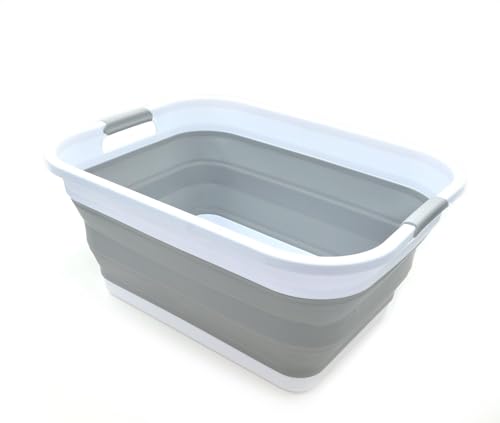SAMMART 41L (10.8 gallon) Collapsible Plastic Laundry Basket-Foldable Pop Up Storage Container/Organizer-Portable Washing Tub-Space Saving Hamper, Water capacity: 32L (8.4 gallon) (Rectangular, Grey) - color: Grey