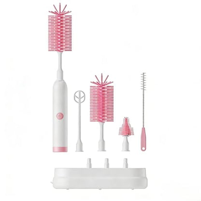 Rechargeable Electric Bottle Brush with Stand - 360° Spin Silicone Cleaner for Baby Bottles, Breast Pumps & Small Household Containers (Pink) - color: Pink