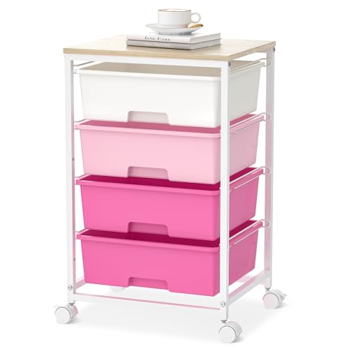 SYKIARIOL Utility-Rolling-Craft-Storage-Cart-Organizer with 4 Drawers and Wooden Tabletop, 4 Tier Drawer Cart for Home Office, Kid Room, Classroom Teacher, Dorm, Pink - color: Dark Pink