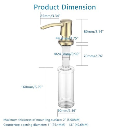 Soap Dispenser for Kitchen Sink, Built in Sink Soap Dispenser Gold ABS Pump Head with 11 Ounce Soap Bottle Champagne Gold - color: Brushed Gold