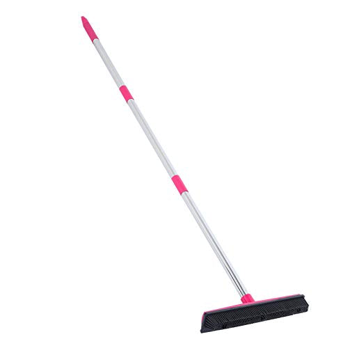 Pet Hair Removal Rubber Broom with Squeegee, Fur Remover Broom with Telescoping Long Handle for Carpet, Hardwood Floor, Tile, 12.6in (Pink) - color: Pink