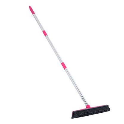 Pet Hair Removal Rubber Broom with Squeegee, Fur Remover Broom with Telescoping Long Handle for Carpet, Hardwood Floor, Tile, 12.6in (Pink) - color: Pink