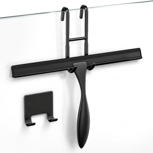 10 Inch Shower Door Squeegee - Black Shower Squeegee for Streak-Free Bathroom Glass - Stainless Steel Cleaner with Silicone Blade, Adhesive & Hanging Hooks for Mirror, Tile, Window, Car, Everyday Use - color: Black, size: 10 Inch