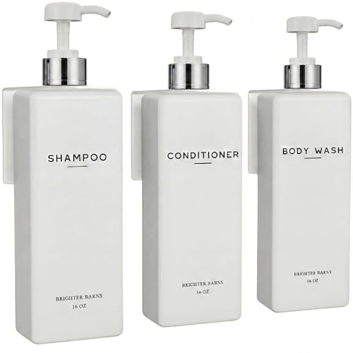 Luxury Shampoo and Conditioner Dispenser Set Wall Mounted by Brighter Barns - Shower Bottles 3 Chamber No Drill - Refillable Shampoo Dispenser for Shower Wall, Vacation Home, Spa, Hotel (White/Silver) - color: White/Silver