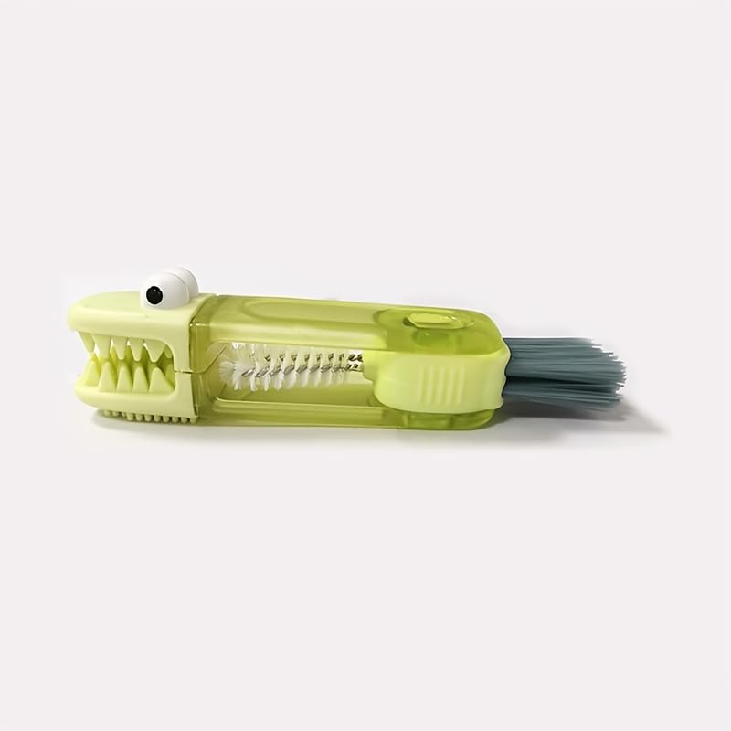 Cute Crocodile 3-in-1 Cup Brush - Multifunctional Kitchen Cleaning Tool for Bottles, Grooves & Lids with Durable Bristles, Portable Design for Home & Office Use - color: Green