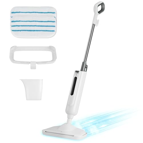 Steam Mop with Natural Sanitization, Floor Steamer, Tile Cleaner, and Hard Wood Floor Cleaner with Flip-Down Easy Scrubber, White