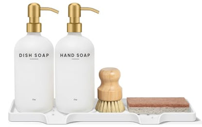 Kitchen Soap Dispenser Set - Dish Soap Dispenser for Kitchen with Self Drain Tray, 17oz Glass Bottle, Stainless Steel Pump, Sponge, and Dish Brush - Gold - color: White Bottle + Gold Pump
