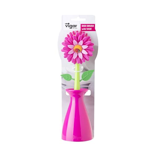 Vigar Flower Power Dish Brush with Handle and Vase Holder - Dish Scrub Brush for Dishes, Kitchen Scrub Brush, Dish Brush with Handle, Sink Cleaning Brush, Pot Scrubber, Dishwashing Brush - Pink - color: Pink