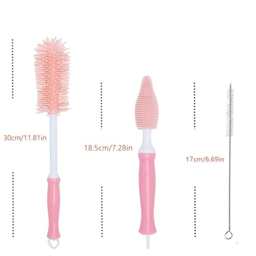Three-Piece Cleaning Brush Set – Premium Straight Handle Silicone Bottle Cleaning Brush Kit for Cups, Bottles & Travel，Pink - color: Pink