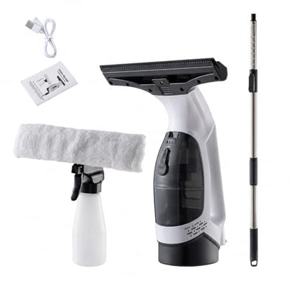 Cordless Window Vacuum Cleaner with Extension Pole, Rechargeable Glass Cleaning Squeegee Kit, 5.07 fl oz Water Tank, Spray Bottle & Microfiber Pad for Windows Shower Doors Mirrors Tiles