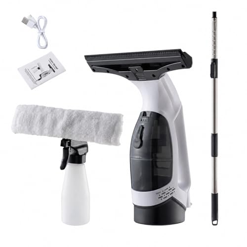 Cordless Window Vacuum Cleaner with Extension Pole, Rechargeable Glass Cleaning Squeegee Kit, 5.07 fl oz Water Tank, Spray Bottle & Microfiber Pad for Windows Shower Doors Mirrors Tiles