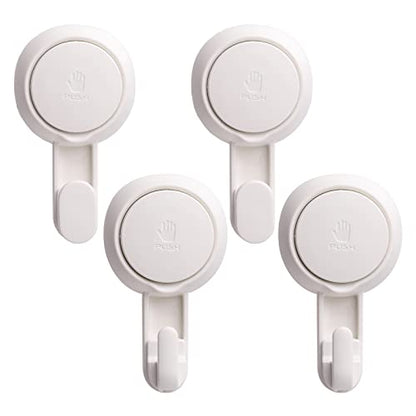 LEVERLOC Heavy Duty Suction Cup Shower Hooks 4 Pack, Damage-Free Shower Hangers for Inside Bathroom Wall, Powerful Vacuum Suction Towel Hooks, Loofah Holders, Easy to Install and Remove, White - color: White Hook, Round