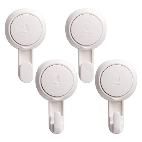 LEVERLOC Heavy Duty Suction Cup Shower Hooks 4 Pack, Damage-Free Shower Hangers for Inside Bathroom Wall, Powerful Vacuum Suction Towel Hooks, Loofah Holders, Easy to Install and Remove, White - color: White Hook, Round