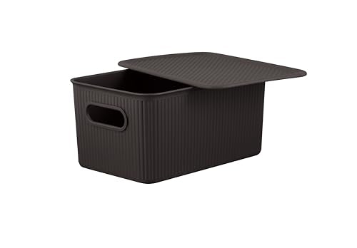 Decorative Plastic Basket Lidded Home Storage Bins Organizer Baskets, Medium Brown (1 Pack - 5 Liter) Stackable Container Box, for Organizing Closet Storage Bins for Shelves - Ribbed Collection - color: Brown, size: 5 L