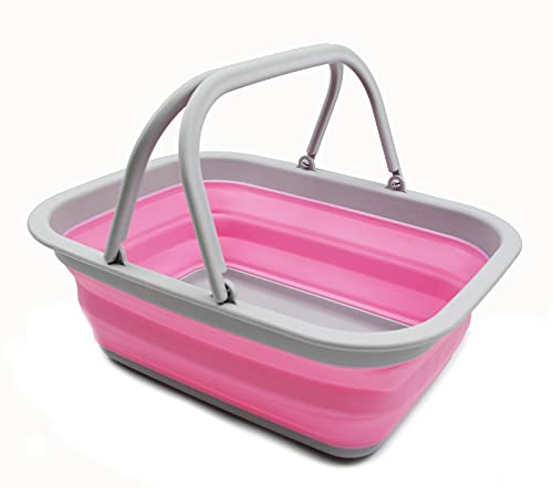 SAMMART 9.2L (2.37Gallon) Collapsible Tub with Handle - Portable Outdoor Picnic Basket/Crater - Foldable Shopping Bag - Space Saving Storage Container (1, Grey/Pink) - color: Grey/Pink